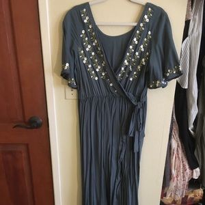 Beautiful teal embroidered wrap dress